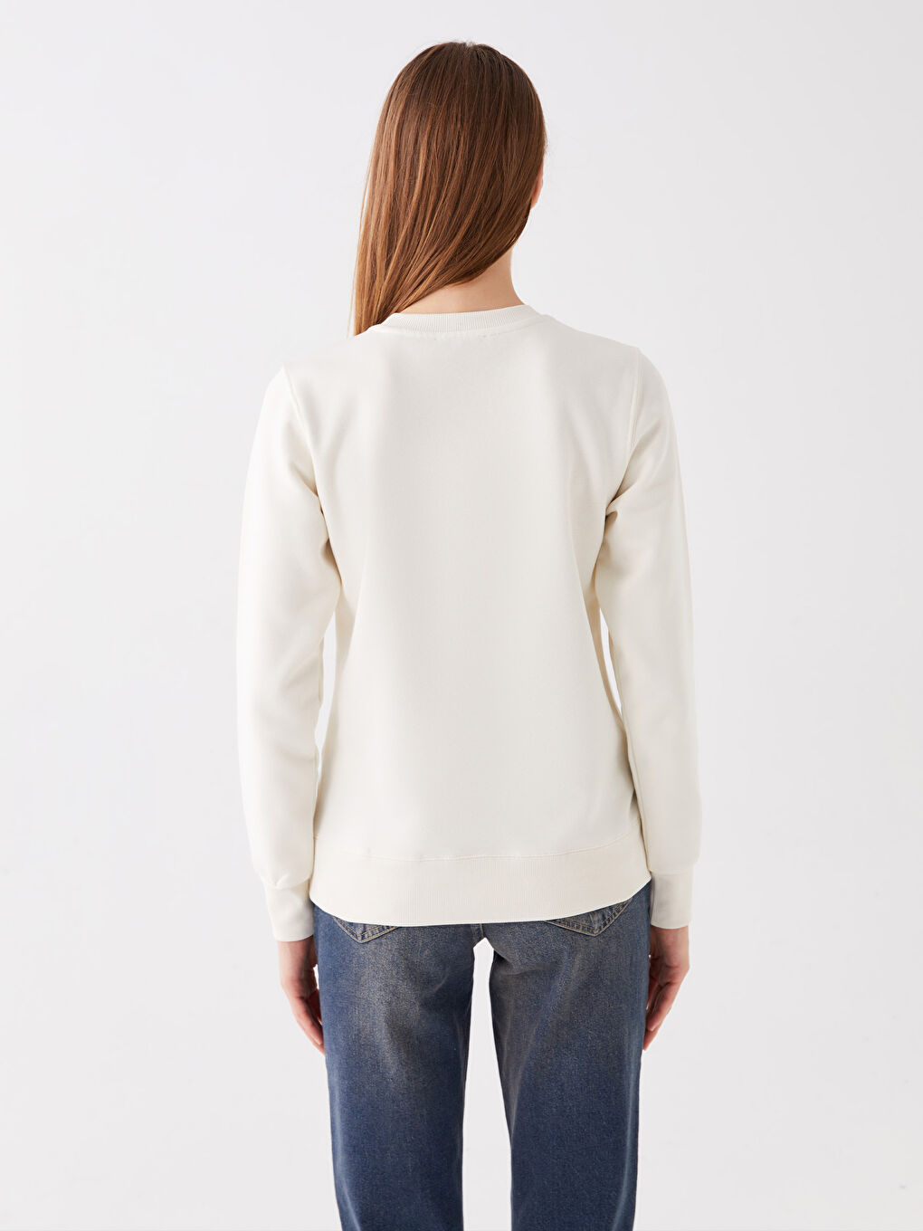 Bej Bisiklet Yaka Baskılı Kadın Kalın Sweatshirt-4