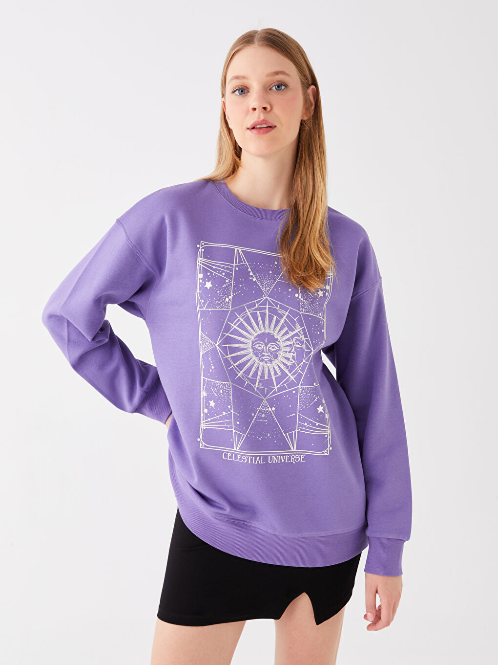 Mor Bisiklet Yaka Baskılı Kadın Kalın Sweatshirt