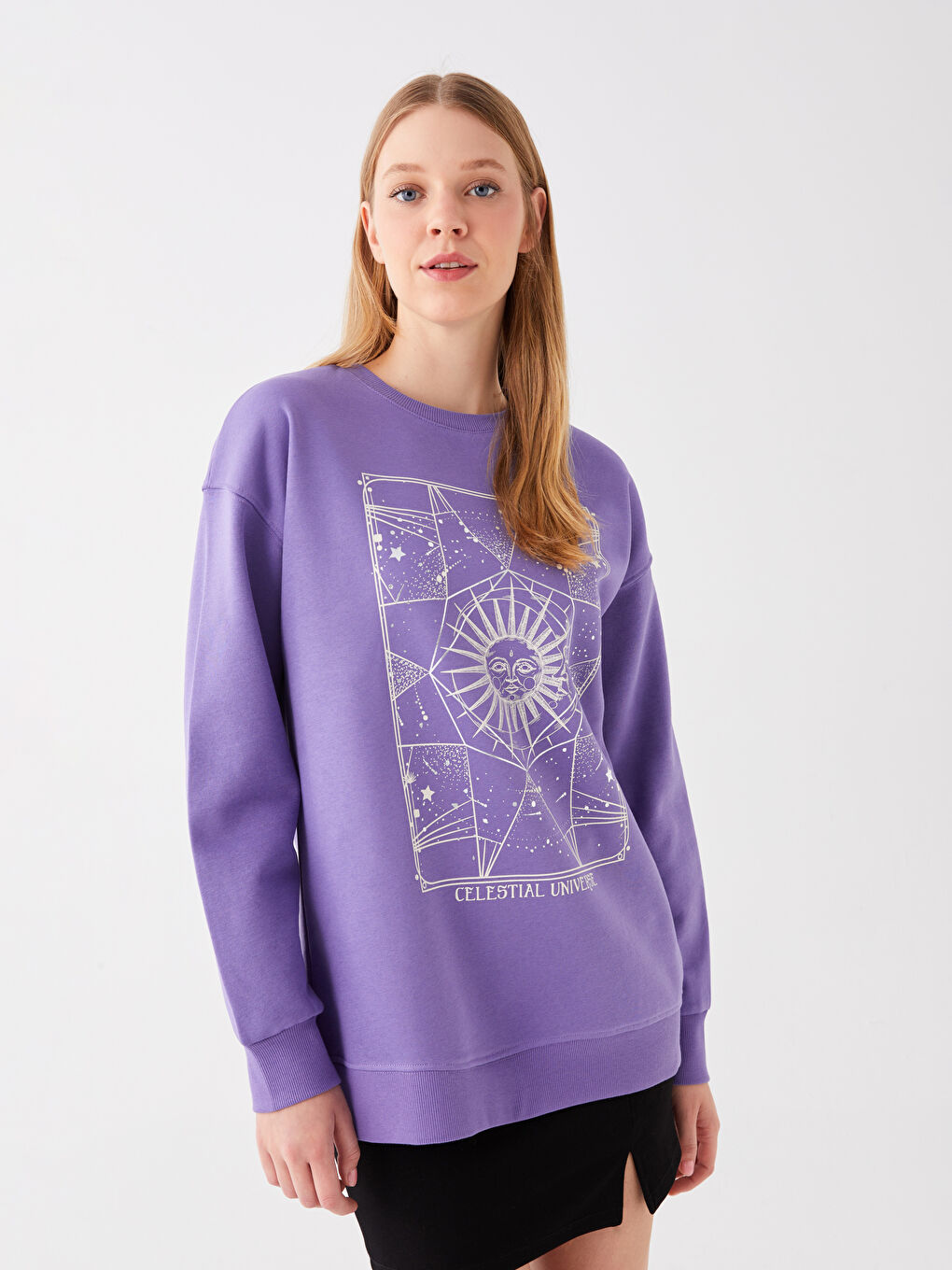 Mor Bisiklet Yaka Baskılı Kadın Kalın Sweatshirt-1