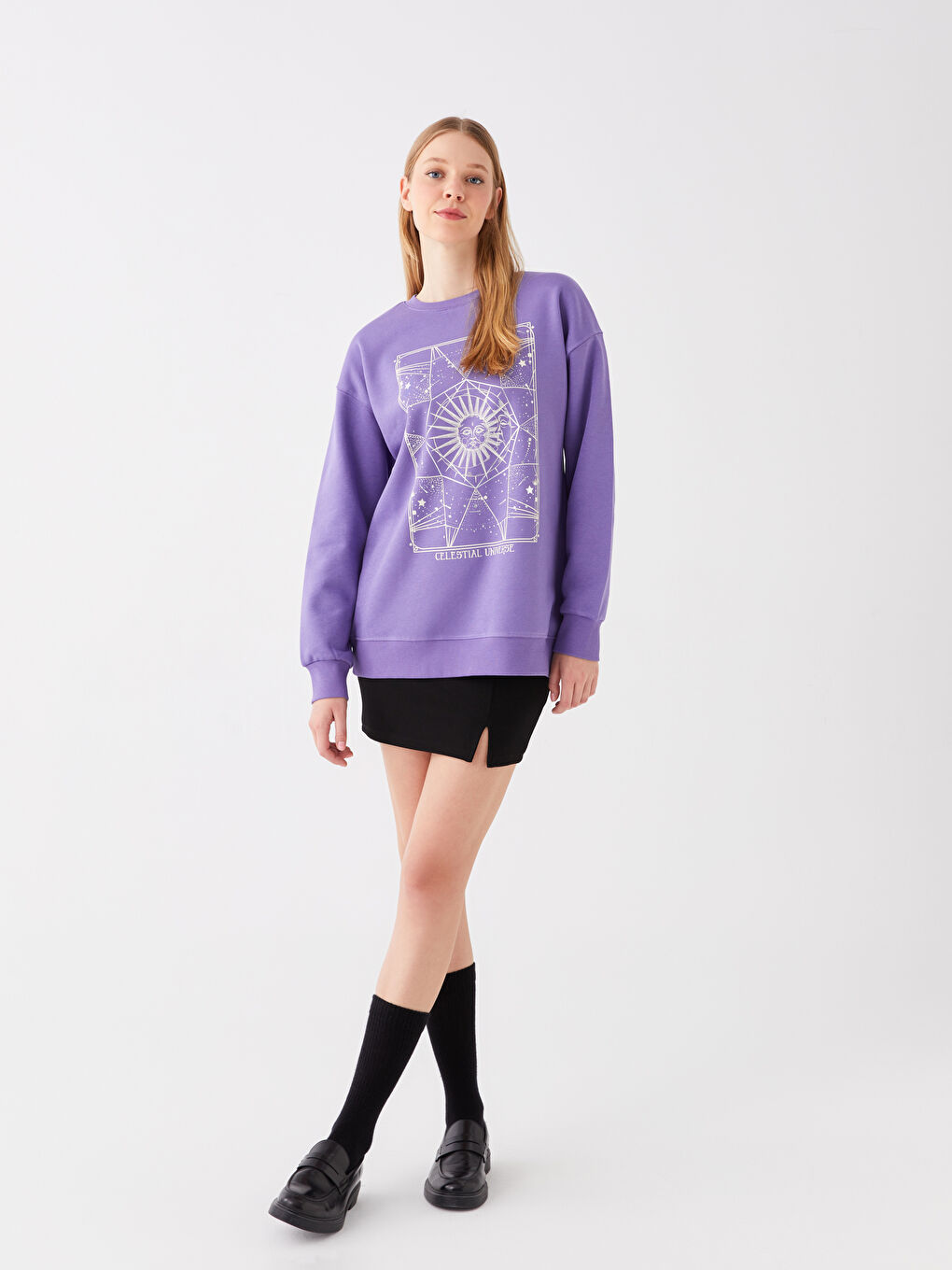 Mor Bisiklet Yaka Baskılı Kadın Kalın Sweatshirt-2