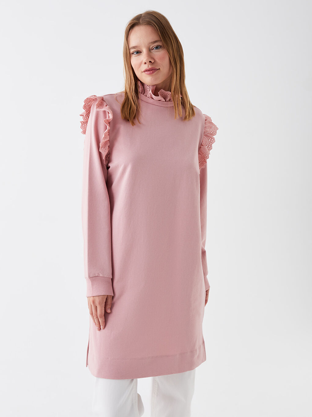 LCW Modest Pembe Bisiklet Yaka Düz Uzun Kollu Kadın Sweatshirt Tunik