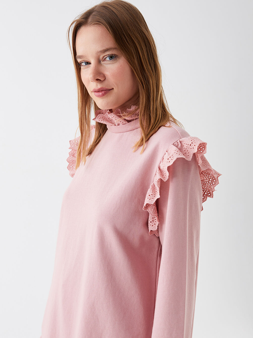 LCW Modest Pembe Bisiklet Yaka Düz Uzun Kollu Kadın Sweatshirt Tunik - 1