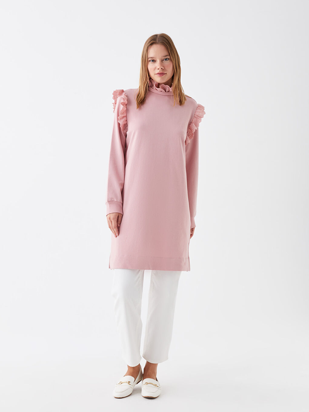 LCW Modest Pembe Bisiklet Yaka Düz Uzun Kollu Kadın Sweatshirt Tunik - 2