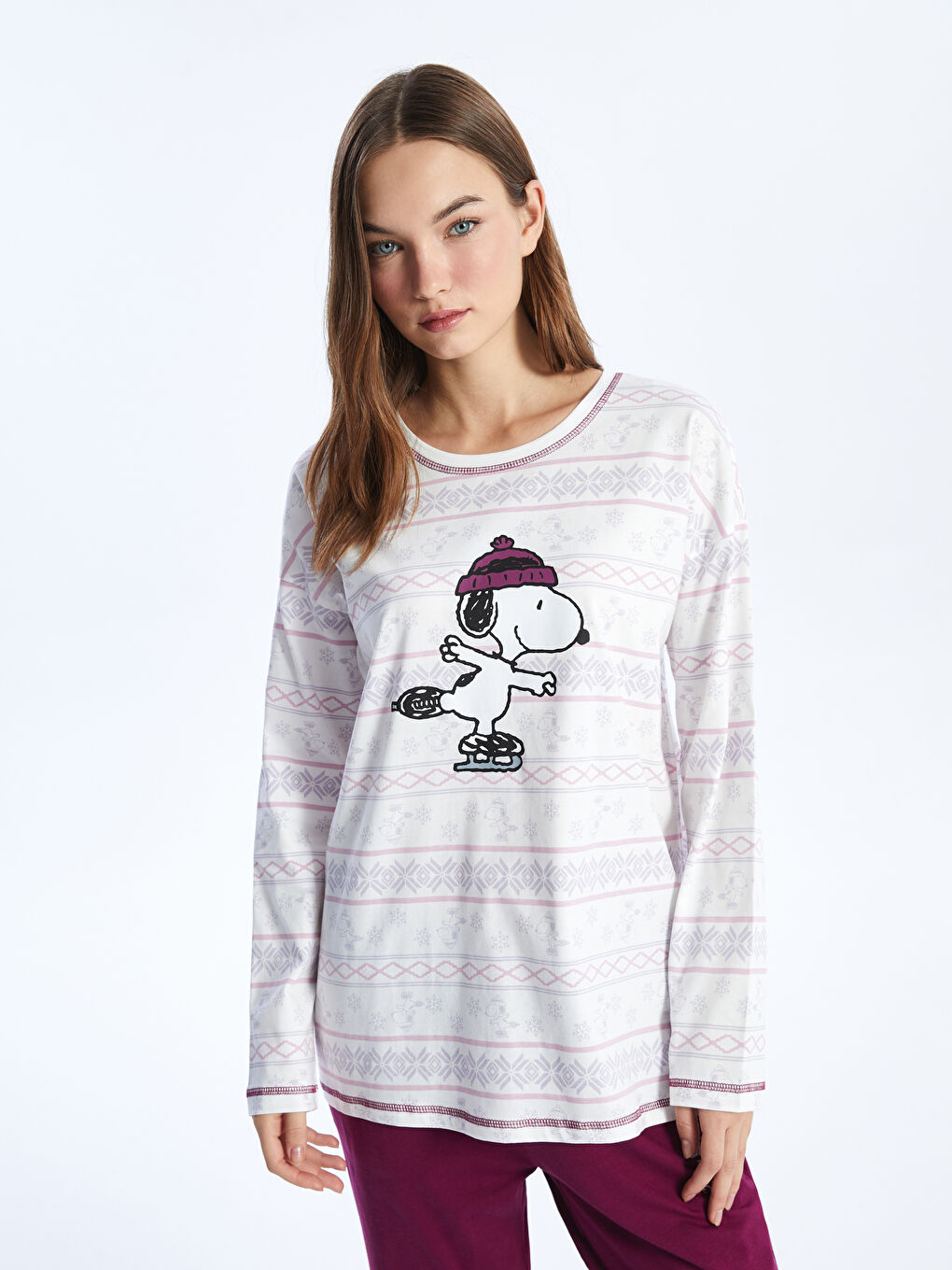 LCW DREAM Mor Bisiklet Yaka Snoopy Baskılı Uzun Kollu Kadın Pijama Takımı - 1