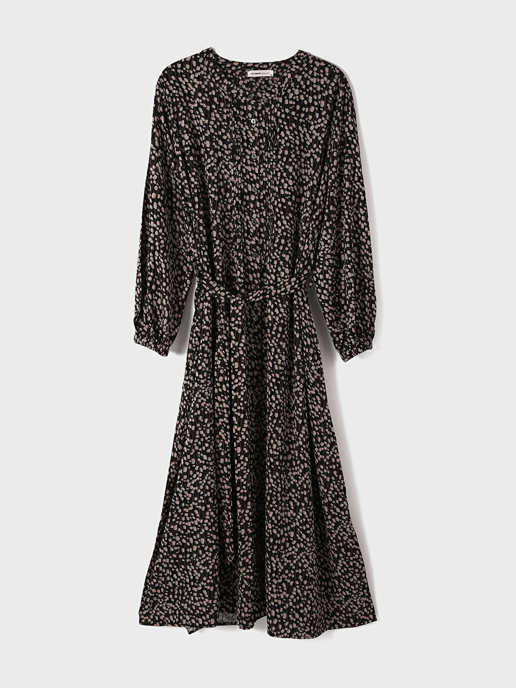 Grandad Collar Patterned Long Sleeve Women's Shirt Dress