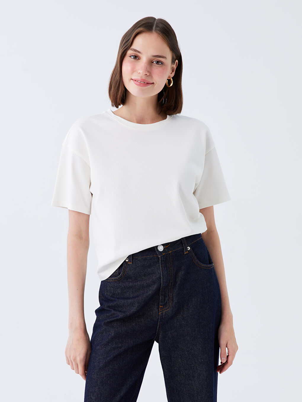 Ekru Bisiklet Yaka Düz Kısa Kollu Kadın Bluz