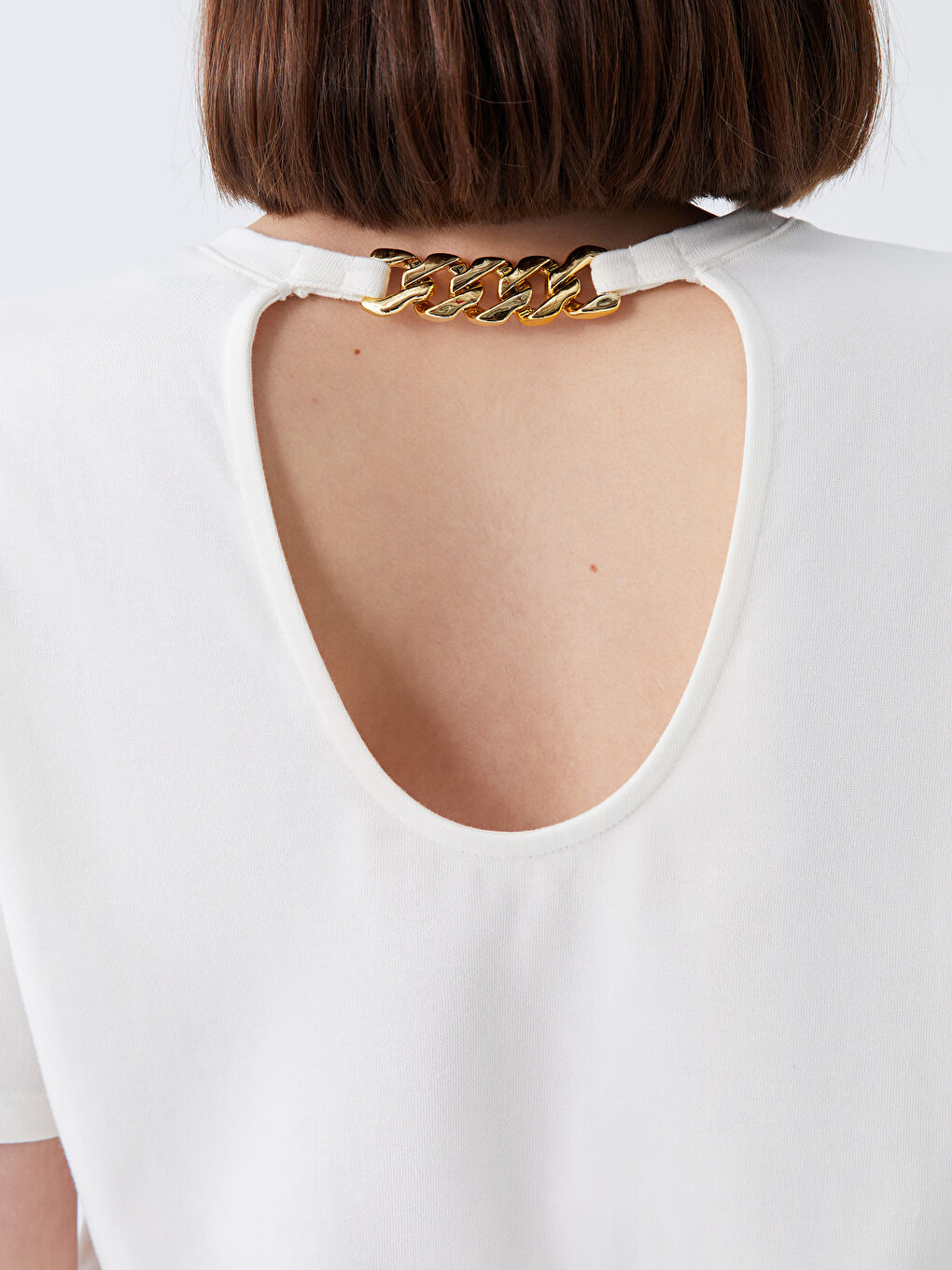 Ekru Bisiklet Yaka Düz Kısa Kollu Kadın Bluz-3