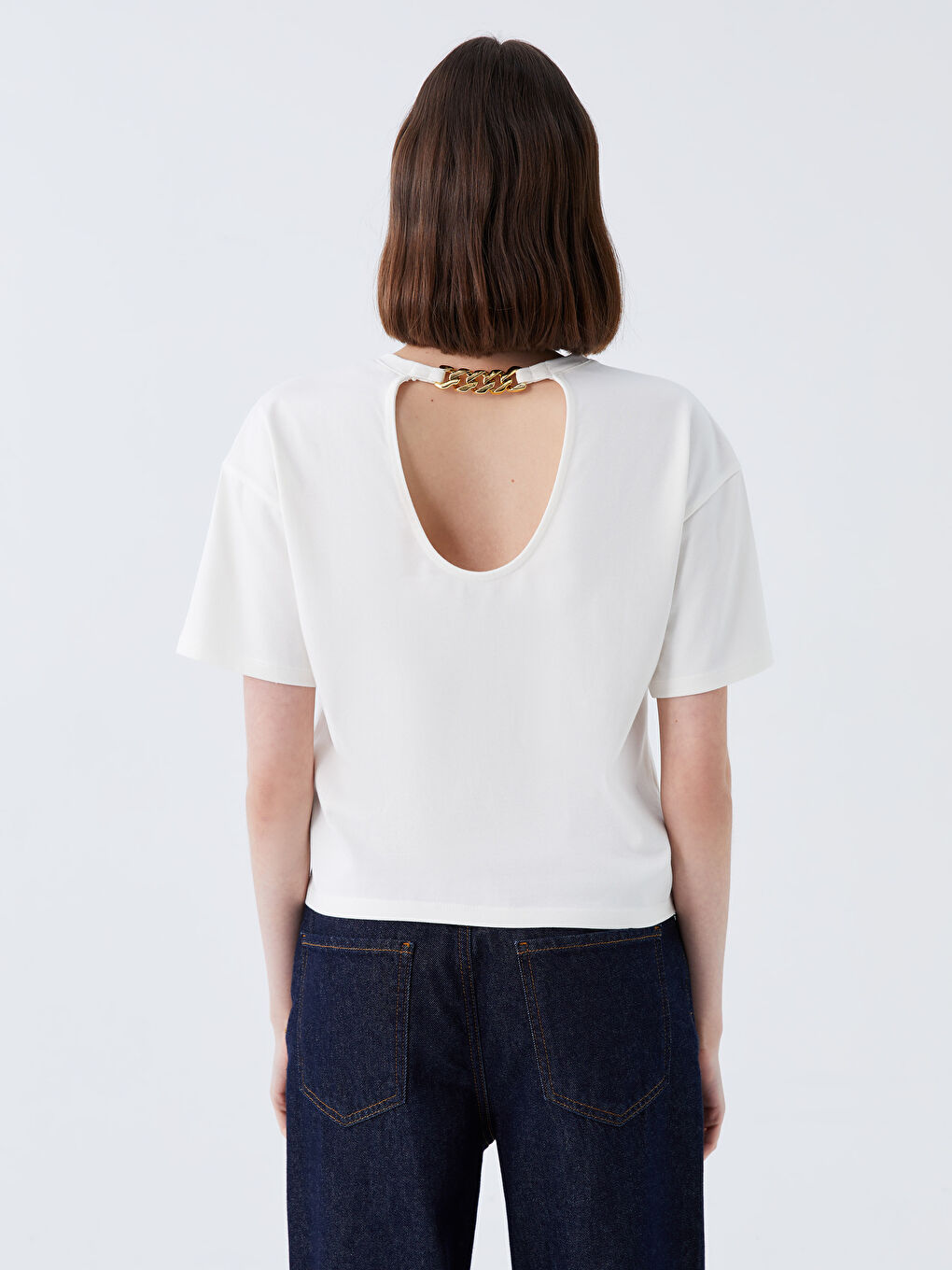 Ekru Bisiklet Yaka Düz Kısa Kollu Kadın Bluz-4