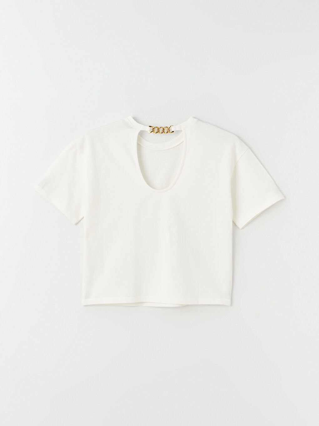 Ekru Bisiklet Yaka Düz Kısa Kollu Kadın Bluz-6