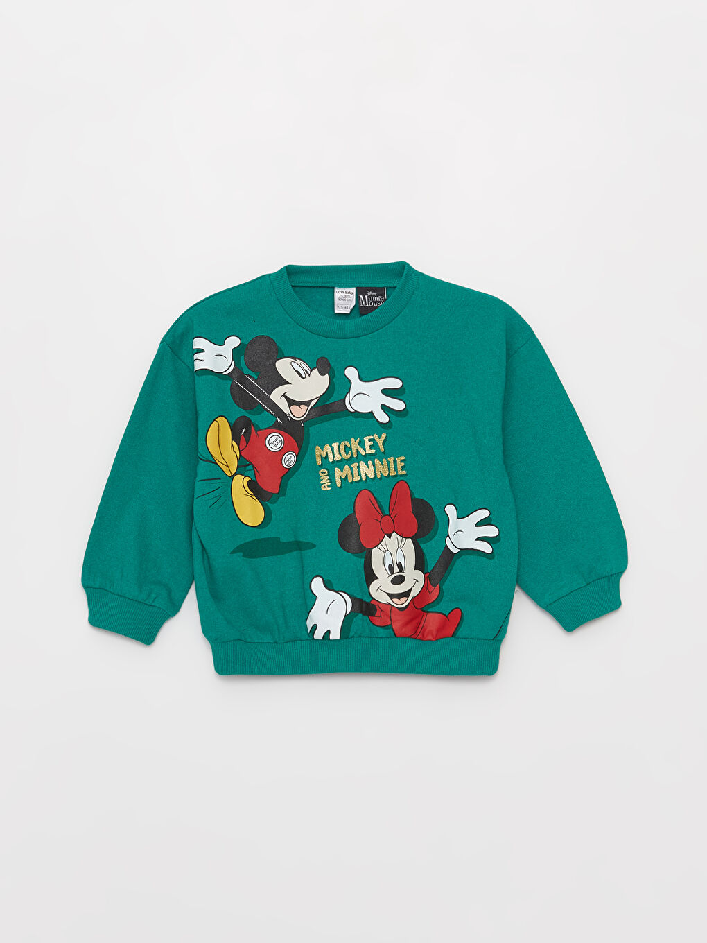 LCW baby Orta Yeşil Bisiklet Yaka Uzun Kollu Mickey ve Minnie Mouse Baskılı Kız Bebek Sweatshirt