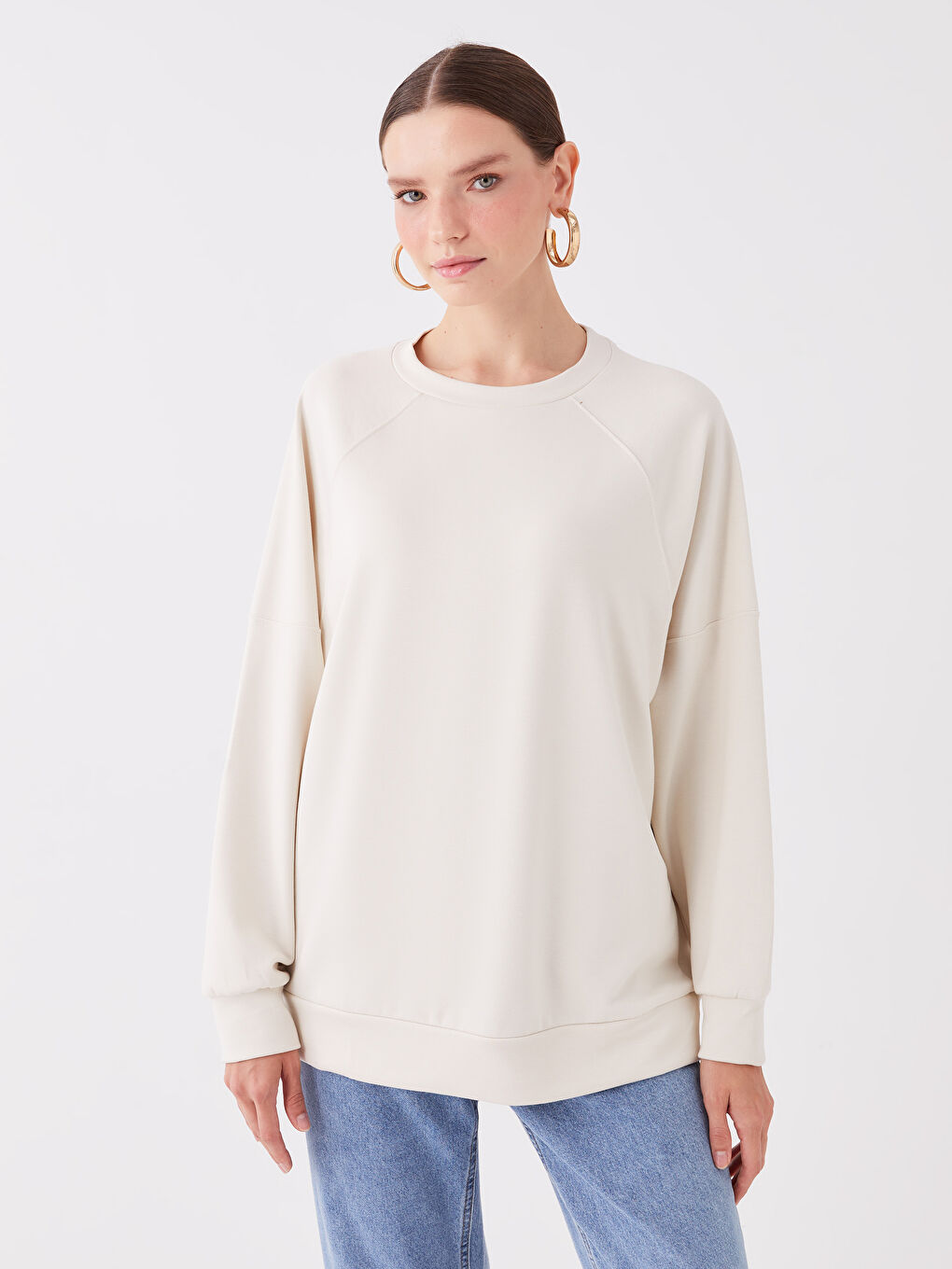 LCW Vision Açık Bej Bisiklet Yaka Oversize Kadın Sweatshirt - 1