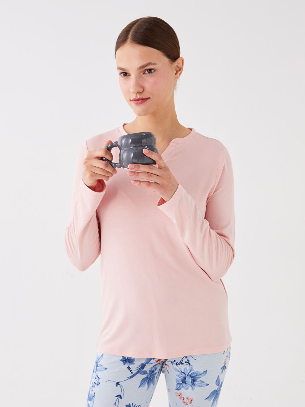 LCW DREAM Henley Neckline Long Sleeve Women's Pajamas Set -W3EA79Z8-LQK