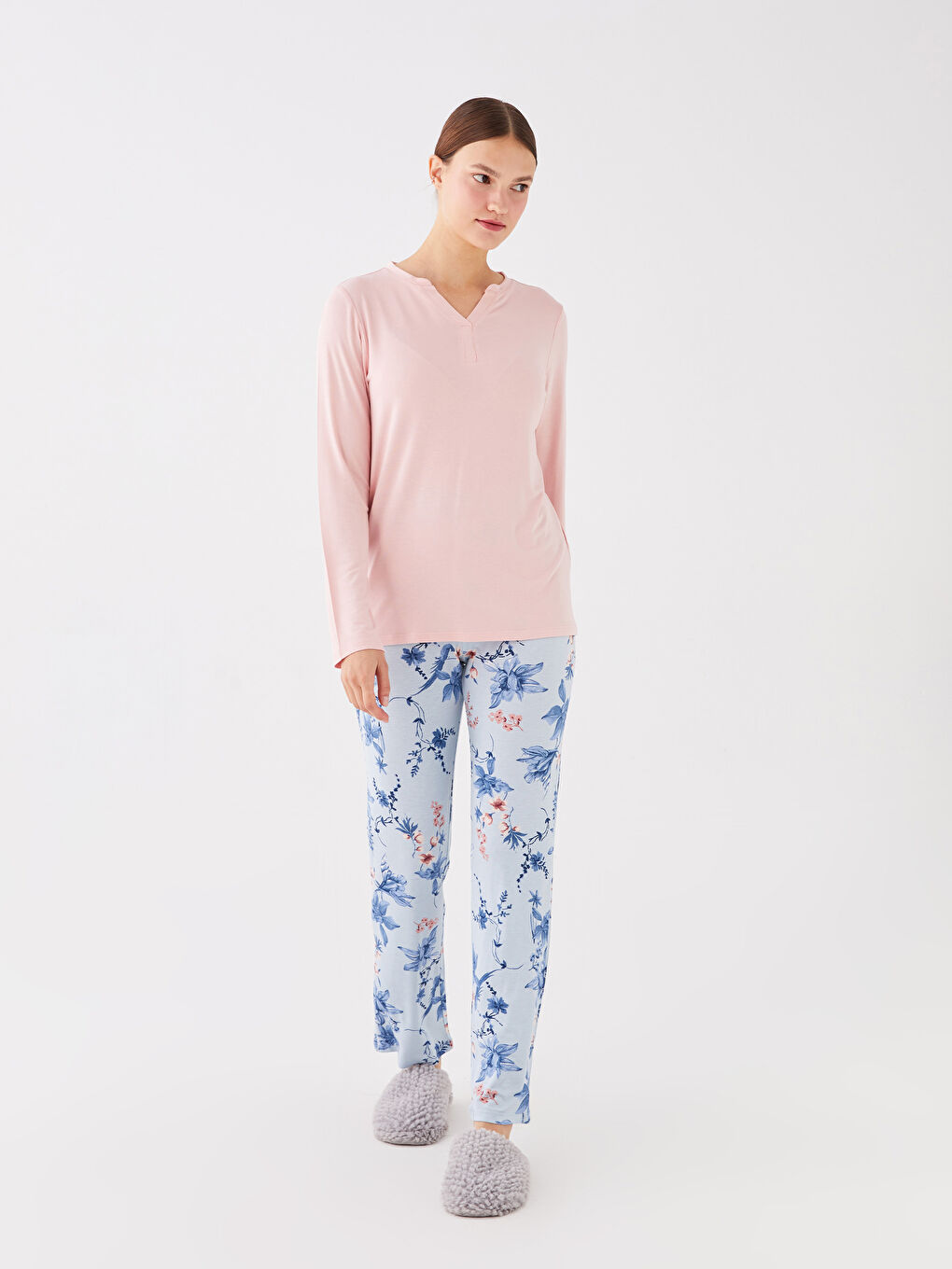 LCW DREAM Henley Neckline Long Sleeve Women's Pajamas Set -W3EA79Z8-LQK