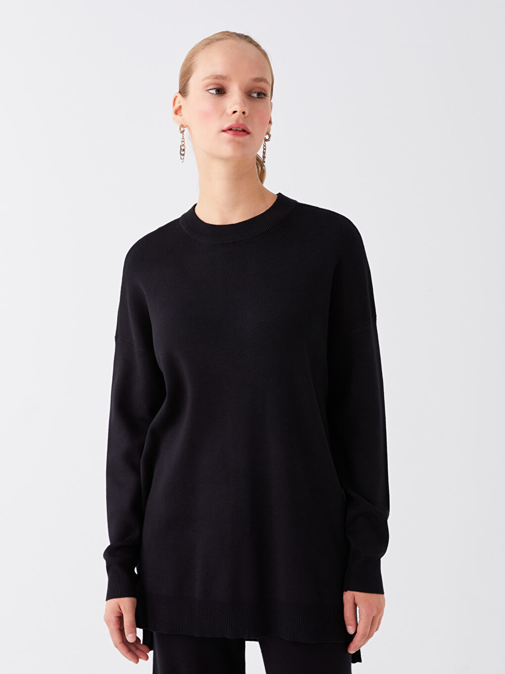 LCW Modest Crew Neck Straight Long Sleeve Oversize Women's Knitwear Tunic -W3EA95Z8-HEG