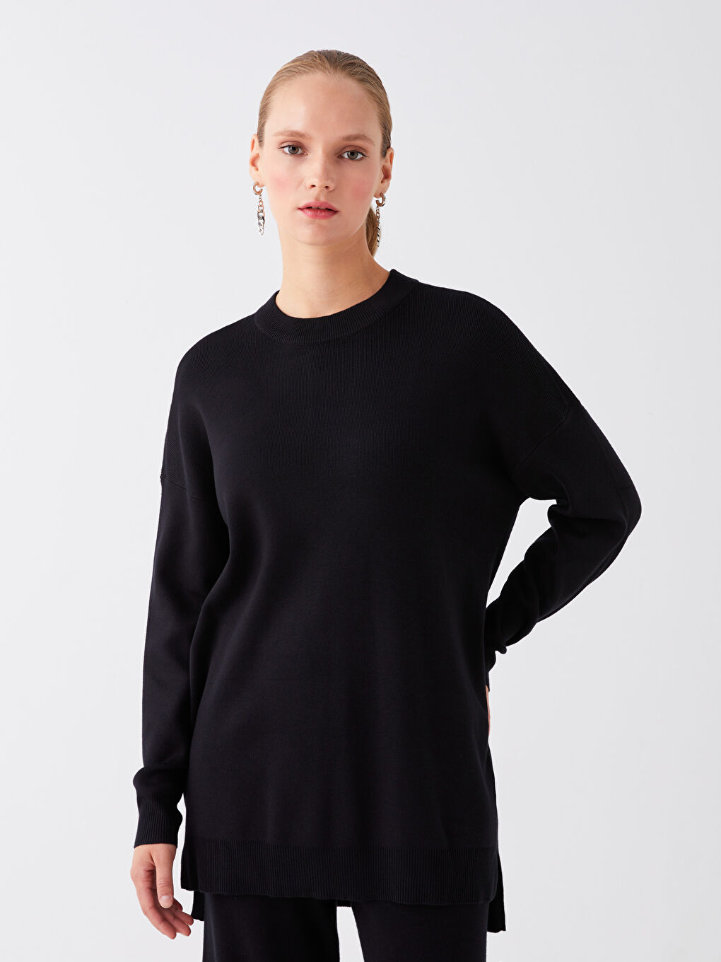 LCW Modest Crew Neck Straight Long Sleeve Oversize Women's Knitwear Tunic -W3EA95Z8-HEG