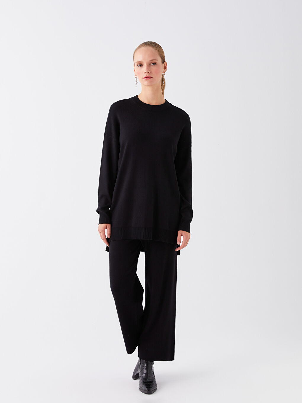 LCW Modest Crew Neck Straight Long Sleeve Oversize Women's Knitwear Tunic -W3EA95Z8-HEG