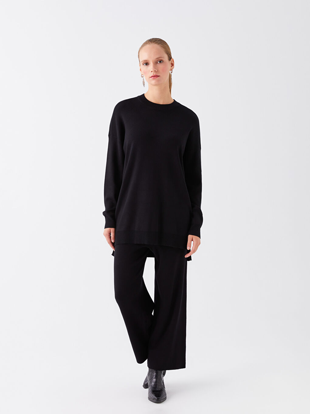 LCW Modest Beli Lastikli Düz Geniş Paça Kadın Triko Pantolon -W3EA96Z8-HEG