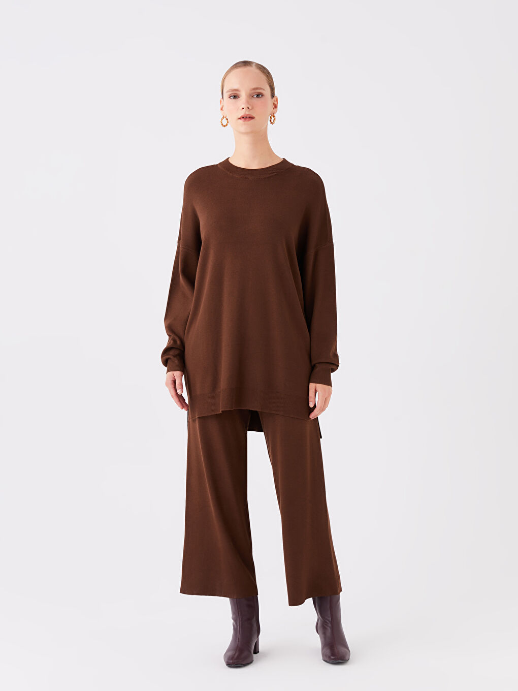 Elasticated Waist Plain Wide Leg Women's Knitwear Trousers-1