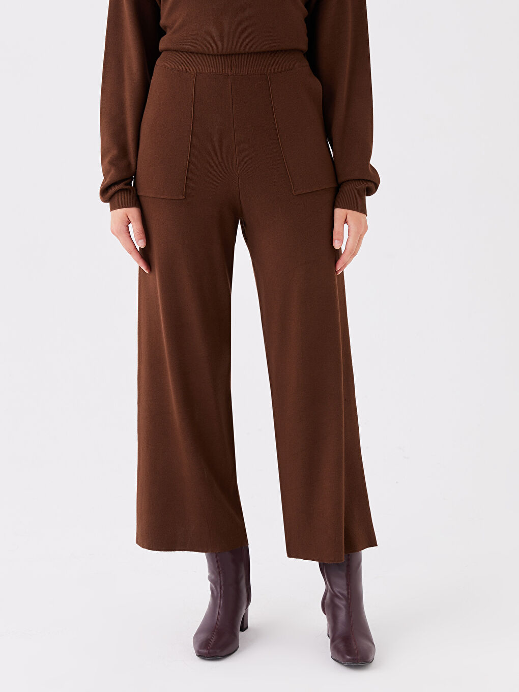 Elasticated Waist Plain Wide Leg Women's Knitwear Trousers-2