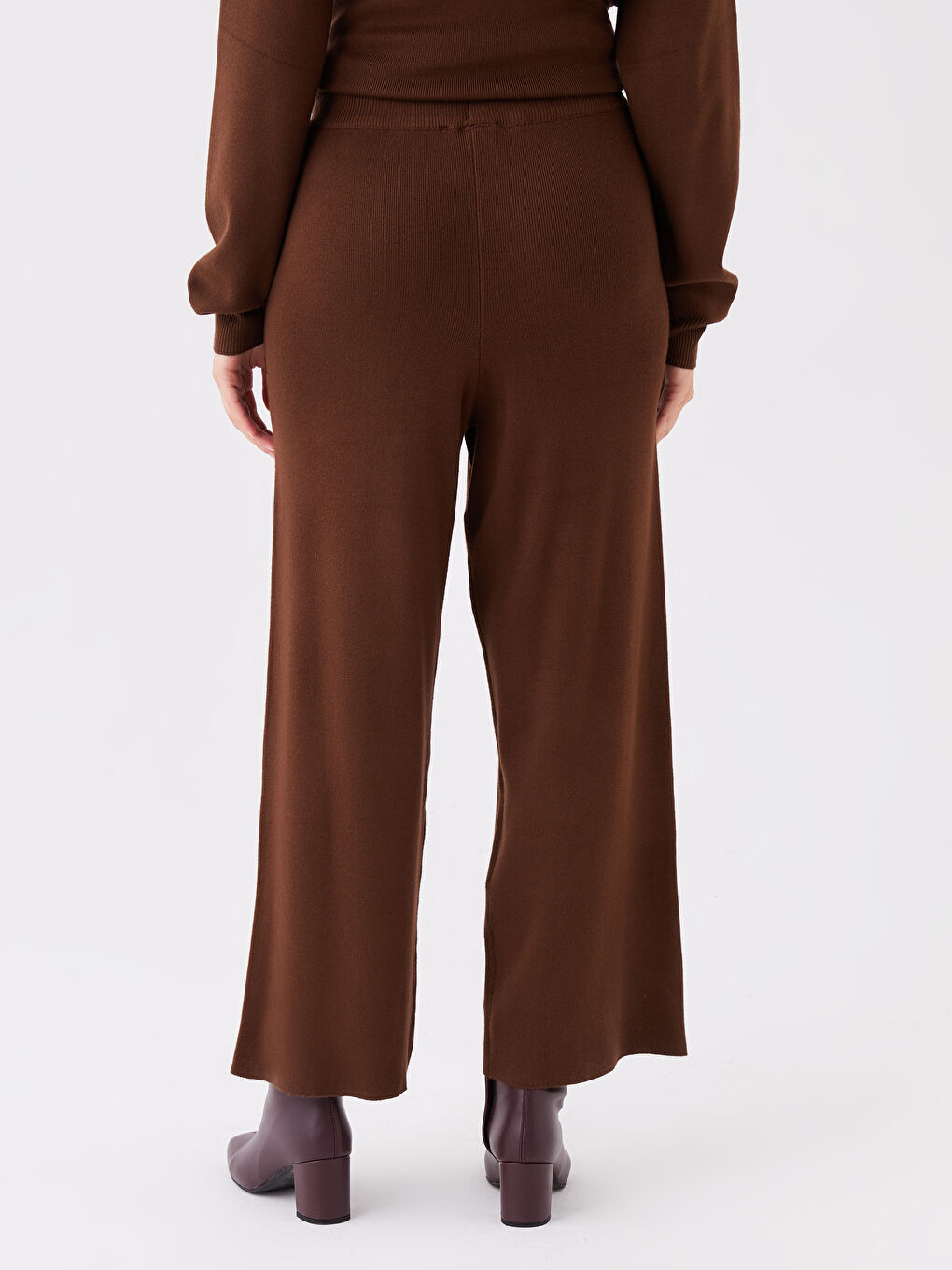 Elasticated Waist Plain Wide Leg Women's Knitwear Trousers-3