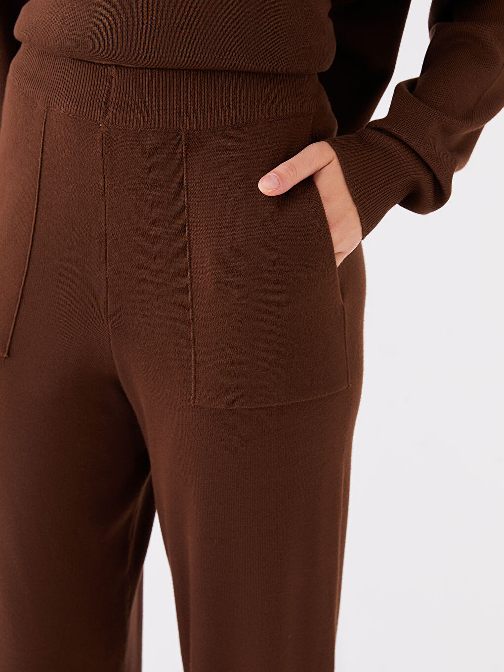Elasticated Waist Plain Wide Leg Women's Knitwear Trousers-4