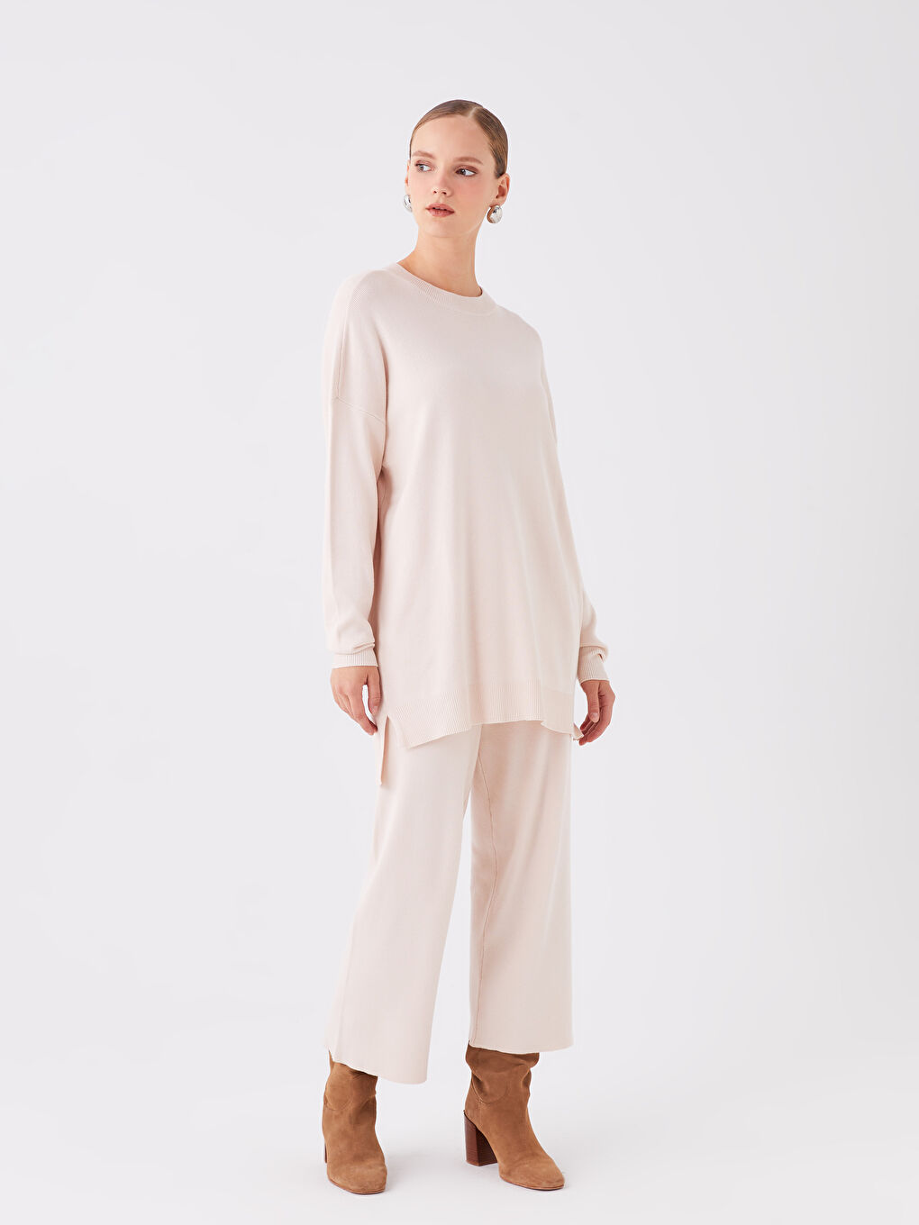 LCW Modest Elasticated Waist Plain Wide Leg Women's Knitwear Trousers -W3EA96Z8-QVQ