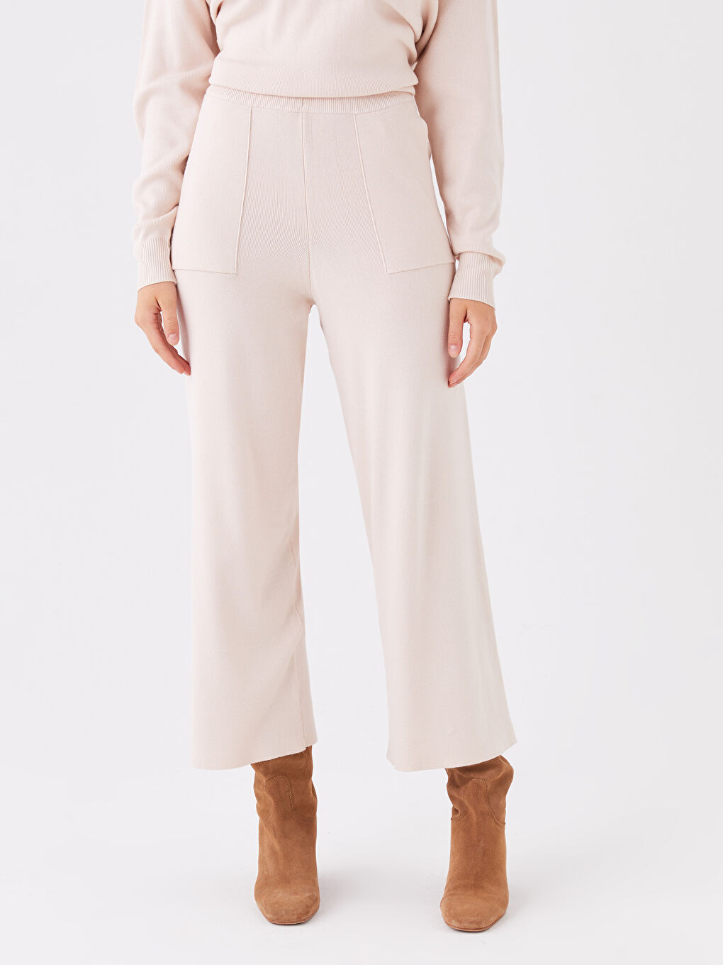 LCW Modest Elasticated Waist Plain Wide Leg Women's Knitwear Trousers -W3EA96Z8-QVQ