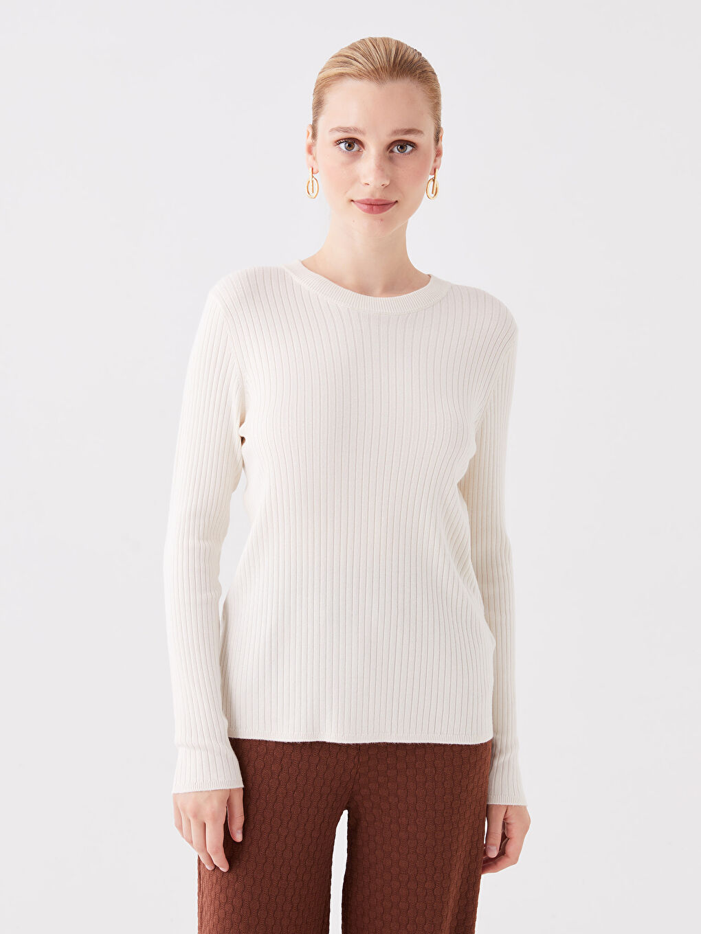 Crew Neck Plain Long Sleeve Women's Knitwear Sweater-1
