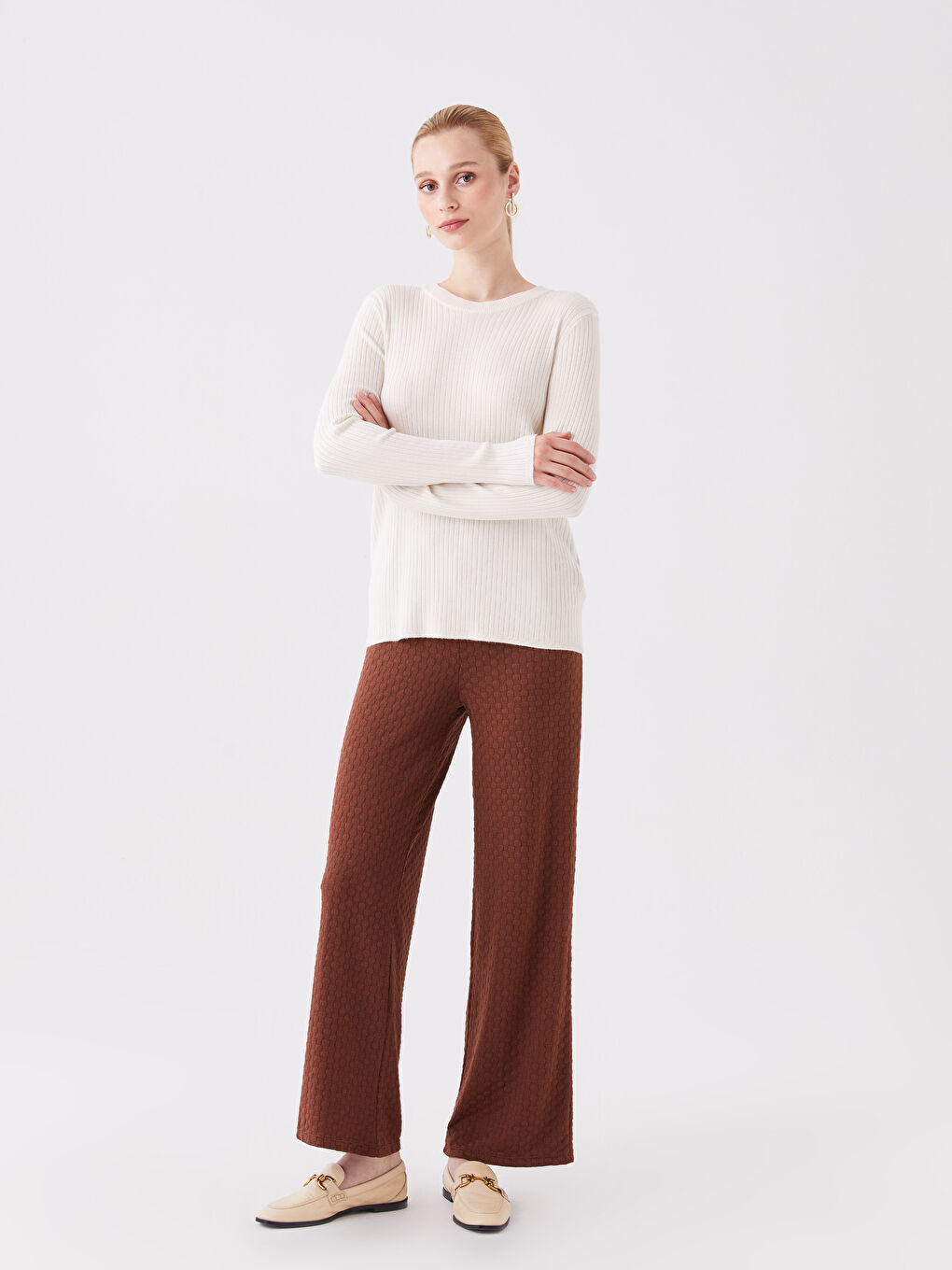 Crew Neck Plain Long Sleeve Women's Knitwear Sweater-2