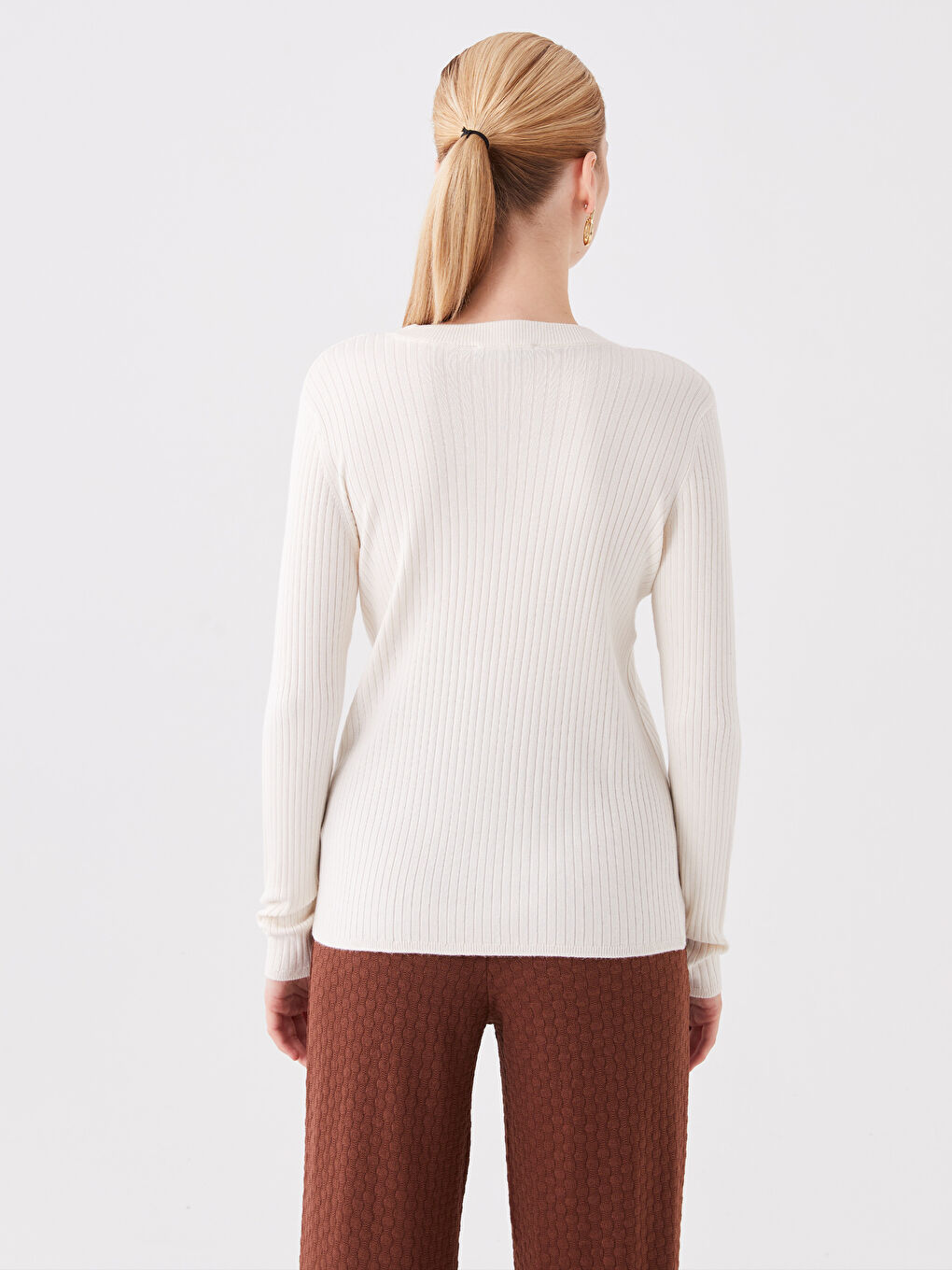 Crew Neck Plain Long Sleeve Women's Knitwear Sweater-4