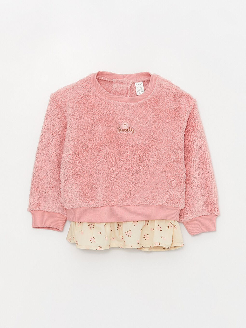 LCW baby Mat Pembe Bisiklet Yaka Pelüş Kız Bebek Sweatshirt ve Tayt Pantolon 2'li Takım - 4