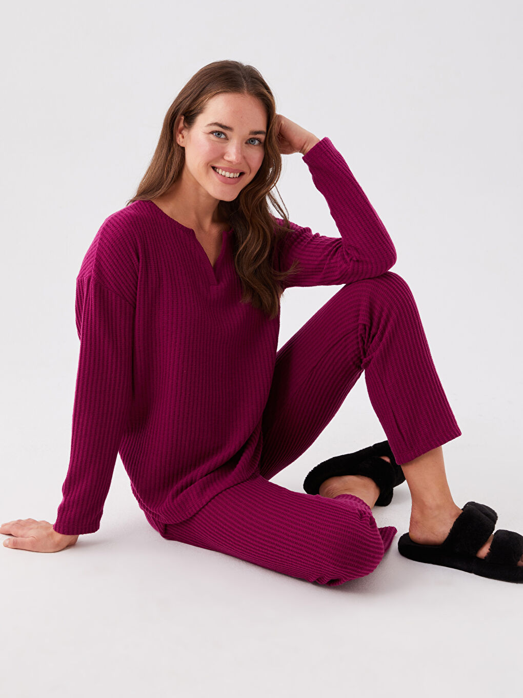 LCW DREAM Kaçık Yaka Düz Uzun Kollu Kadın Pijama Takımı-1