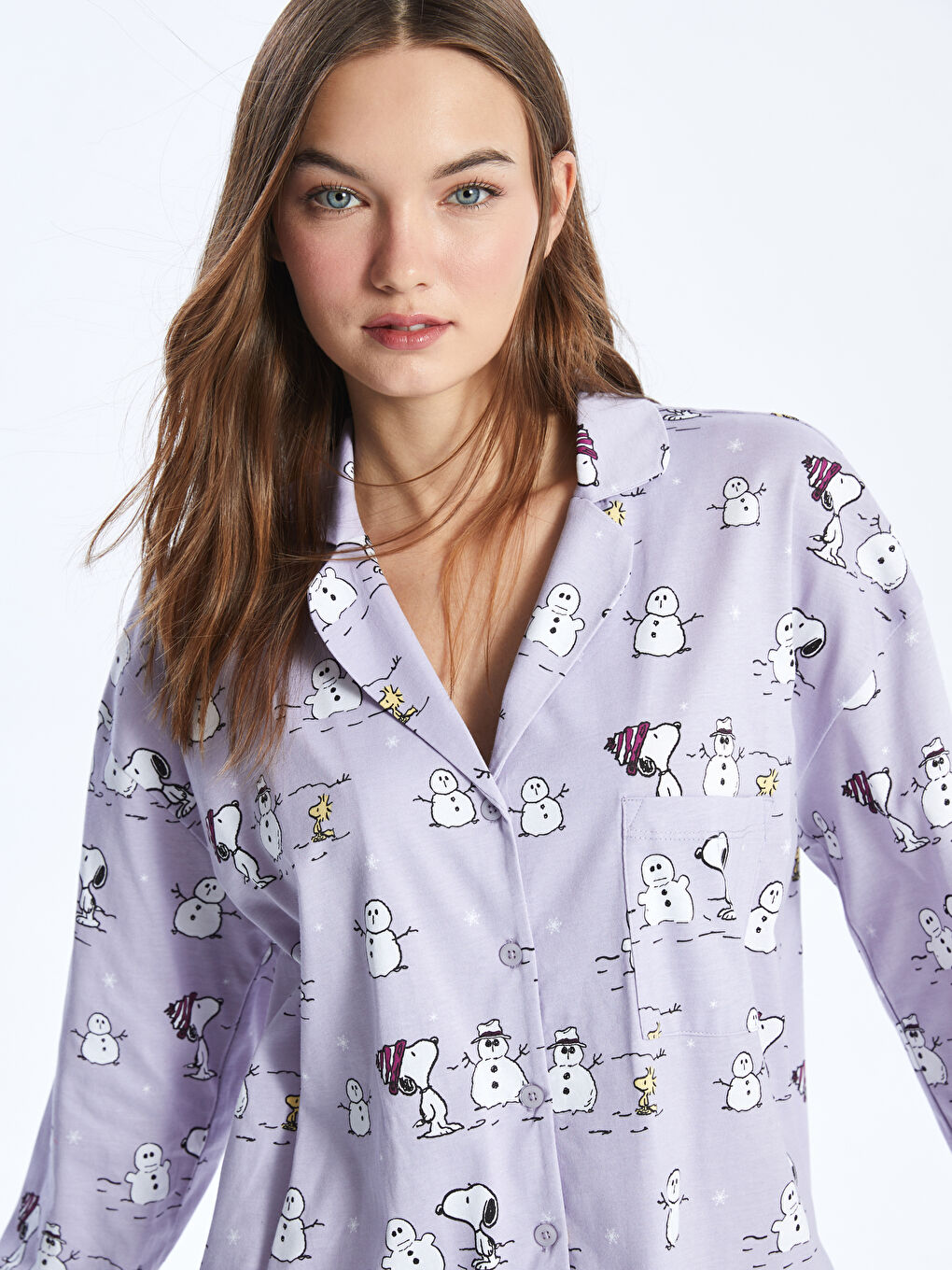 LCW DREAM Mat Lila Baskılı Gömlek Yaka Snoopy Baskılı Uzun Kollu Kadın Pijama Takımı - 2