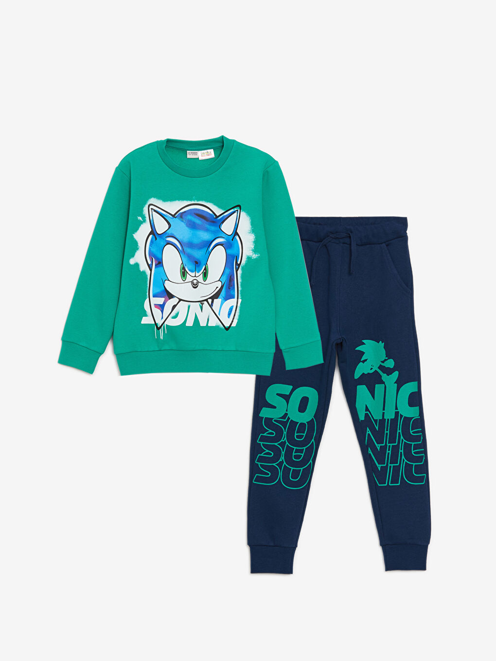 LCW Kids Yeşil Bisiklet Yaka Sonic Baskılı Uzun Kollu Erkek Çocuk Sweatshirt ve Eşofman Altı