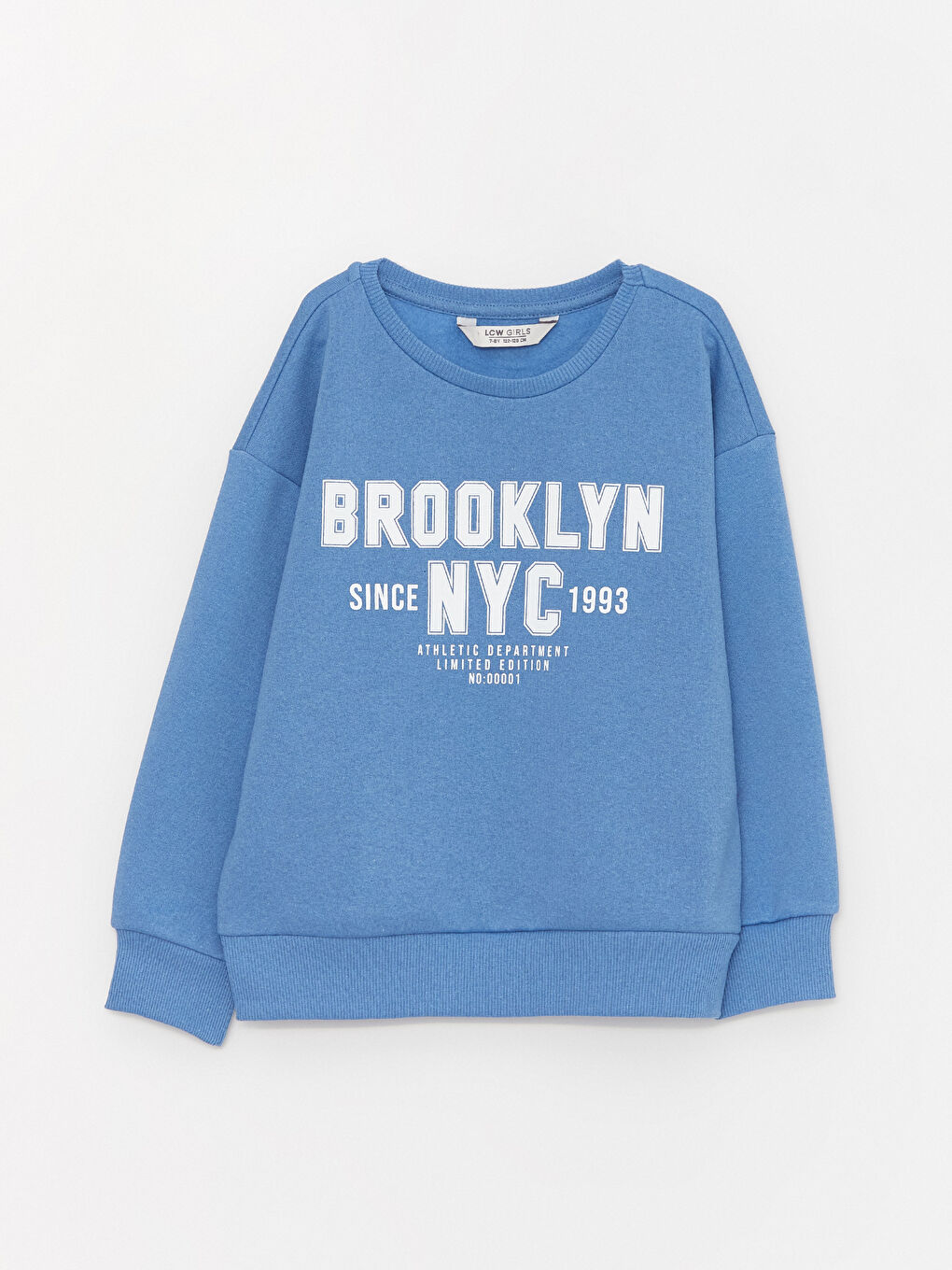 LCW Kids Mavi Bisiklet Yaka Baskılı Uzun Kollu Kız Çocuk Sweatshirt