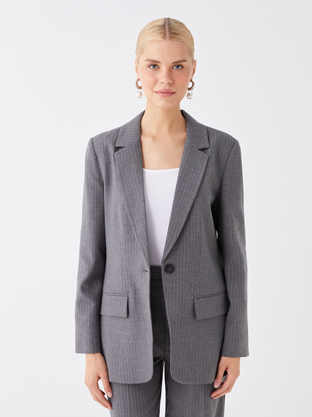 Gri Çizgili Uzun Kollu Kadın Blazer Ceket-1