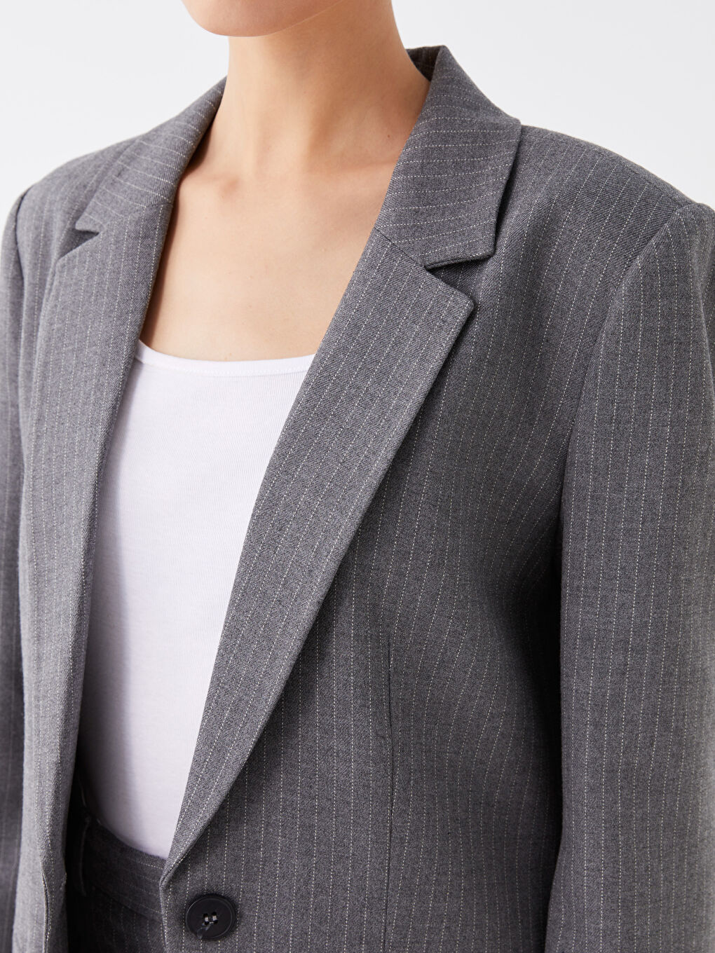 Gri Çizgili Uzun Kollu Kadın Blazer Ceket-3