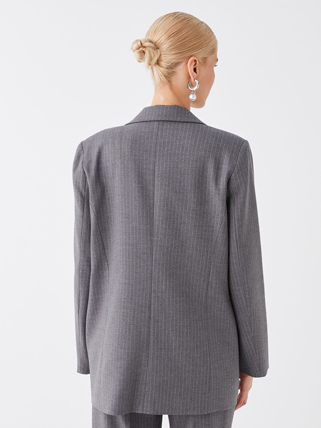 Gri Çizgili Uzun Kollu Kadın Blazer Ceket-4