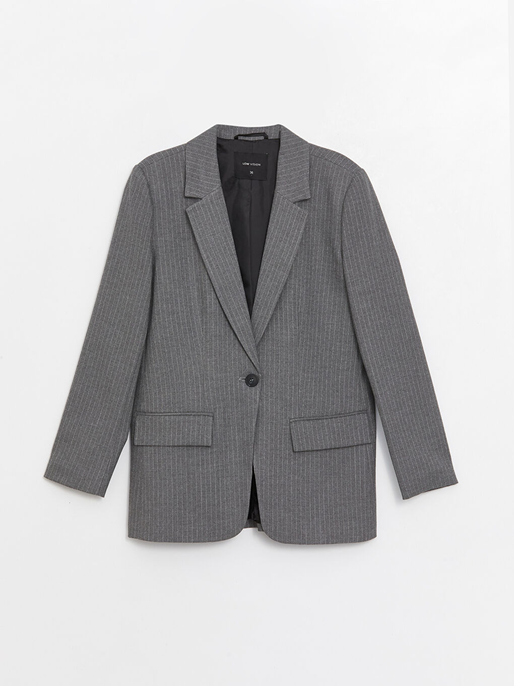 Gri Çizgili Uzun Kollu Kadın Blazer Ceket-5