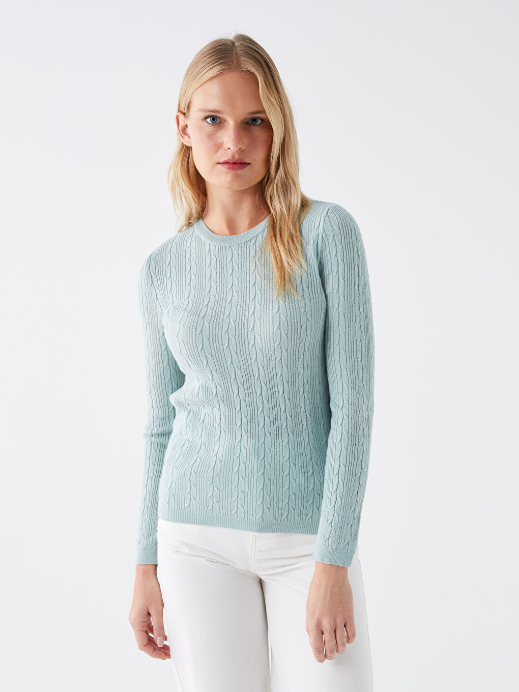 Mavi Bisiklet Yaka Kendinden Desenli Uzun Kollu Kadın Triko Kazak