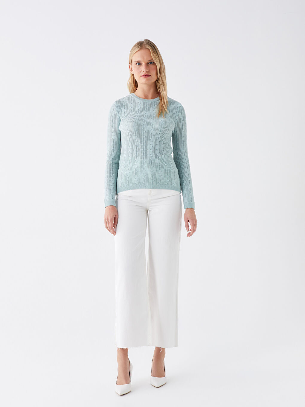 Mavi Bisiklet Yaka Kendinden Desenli Uzun Kollu Kadın Triko Kazak-1