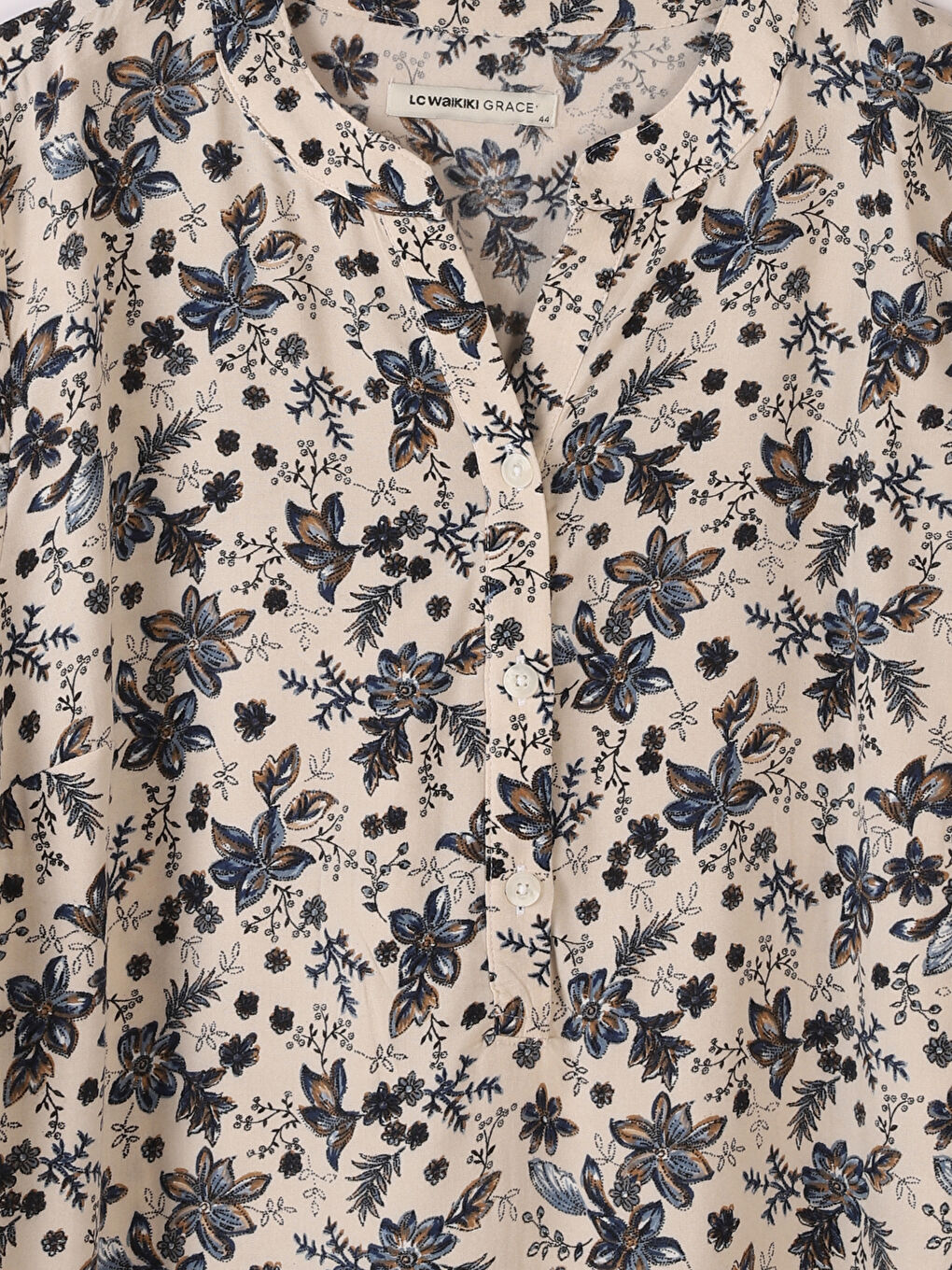 Notch Neck Patterned Long Sleeve Women's Blouse-2