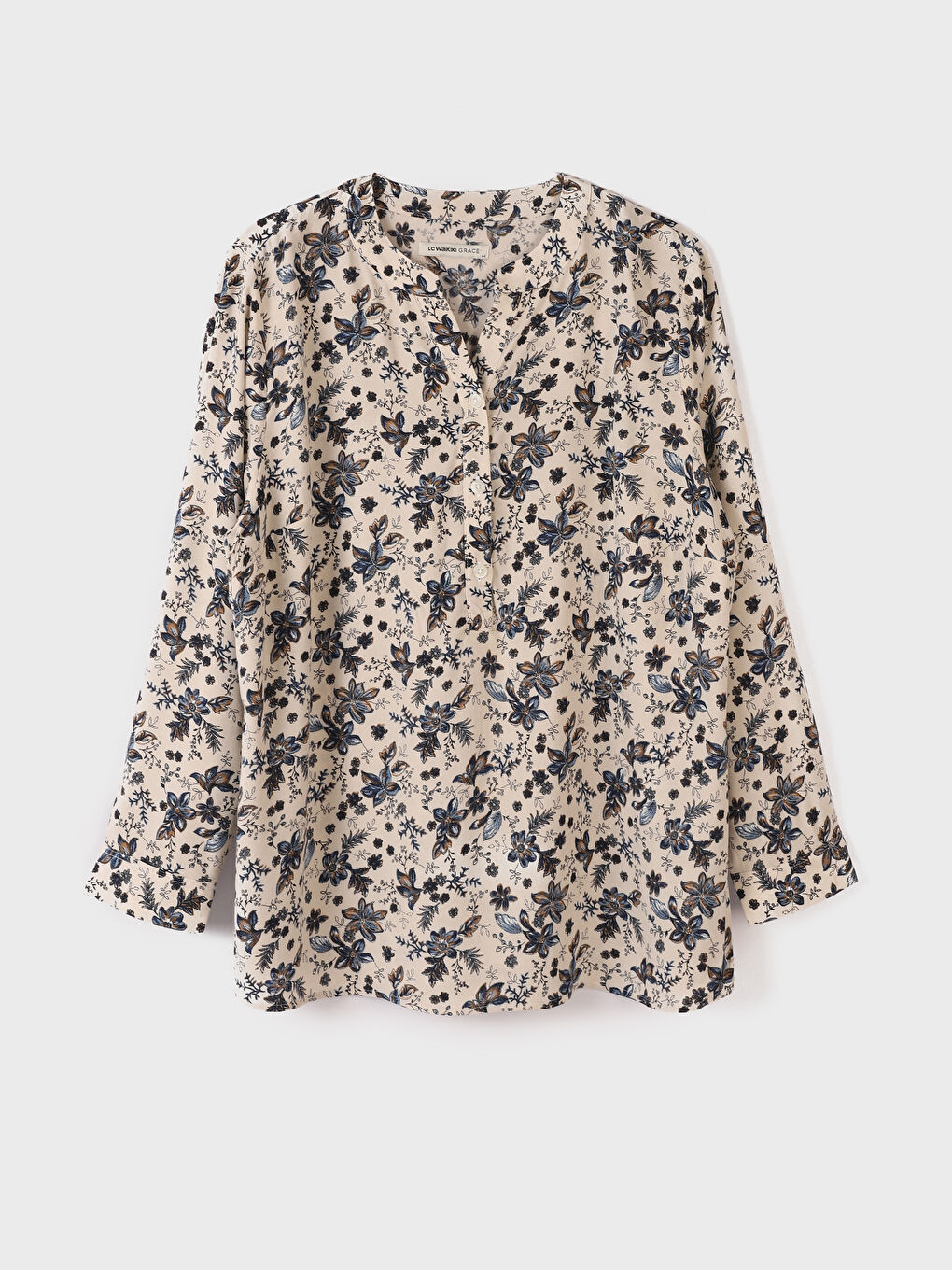 Notch Neck Patterned Long Sleeve Women's Blouse