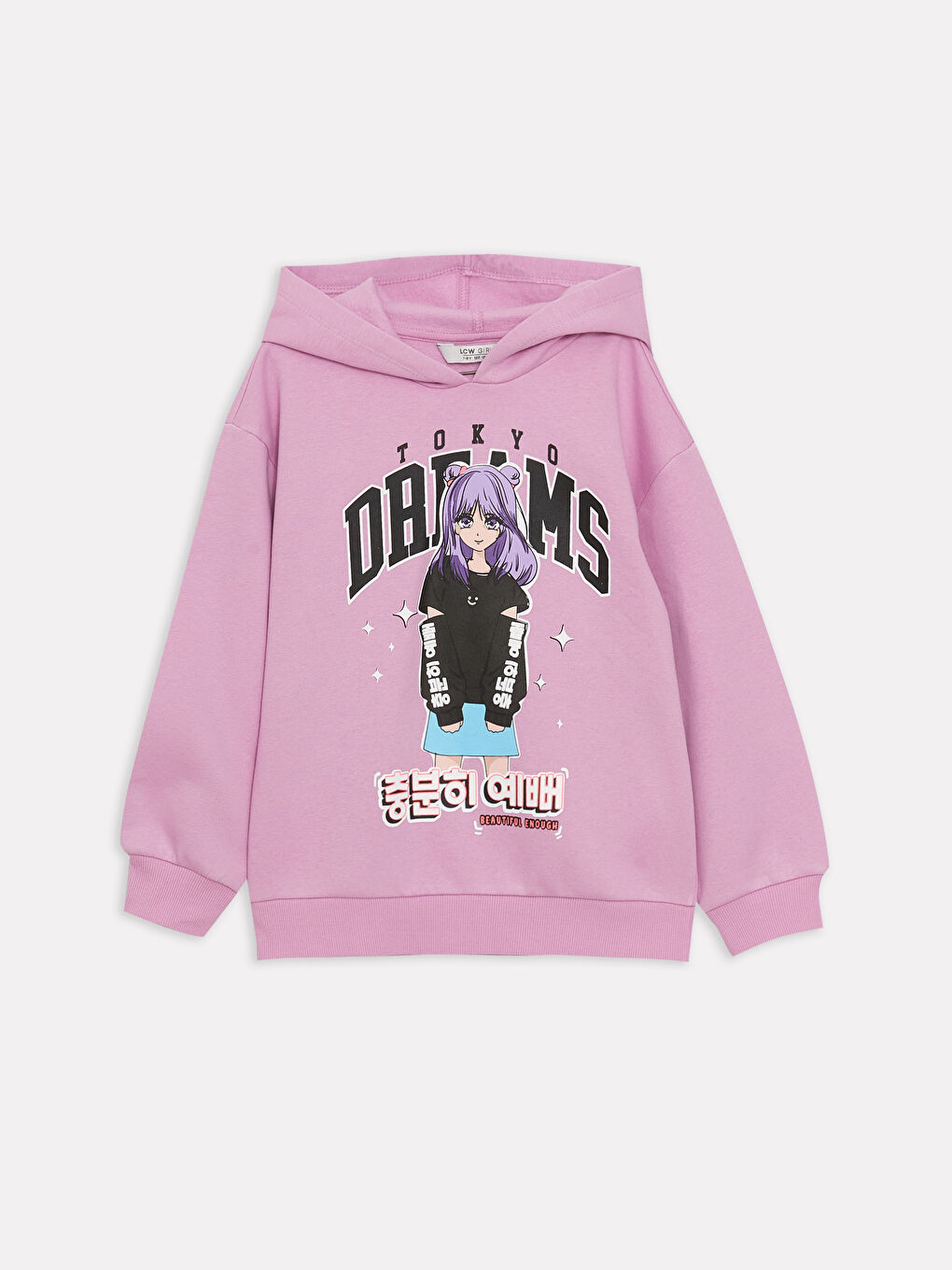 Lila Baskılı Uzun Kollu Kız Çocuk Hoodie