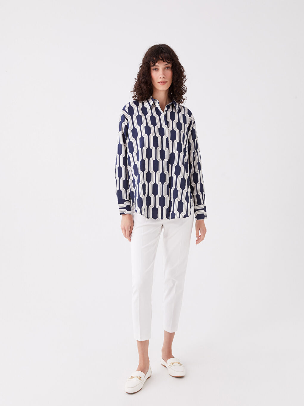 Lacivert Desenli Uzun Kollu Oversize Kadın Gömlek-2