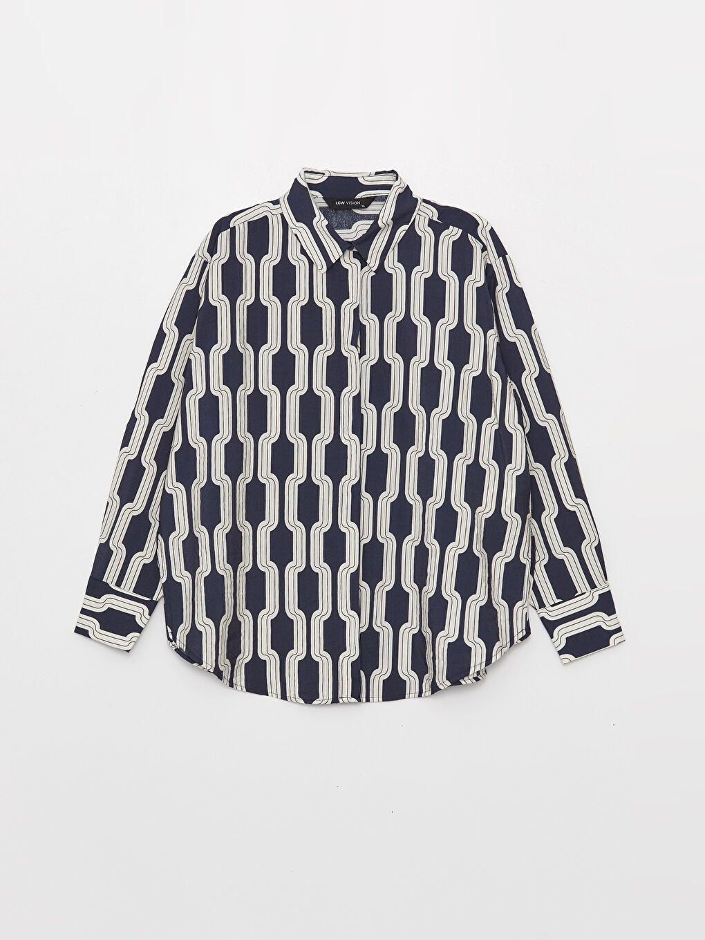 Lacivert Desenli Uzun Kollu Oversize Kadın Gömlek-5