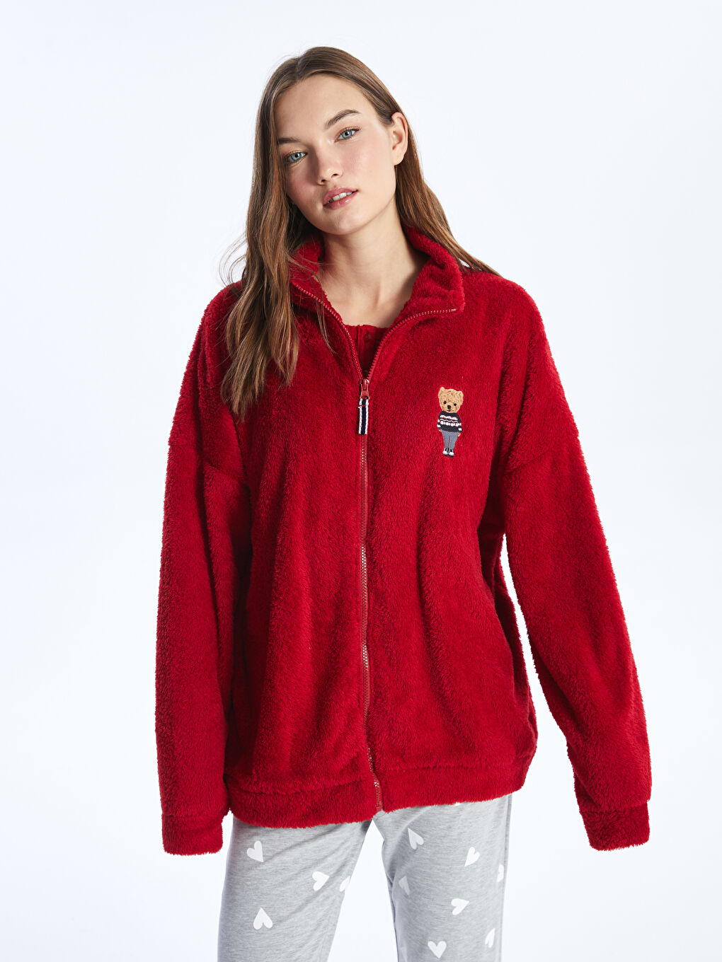 LCW HOME High Collar Embroidered Long Sleeve Zipper Sweatshirt -W3EE74Z8-HKD
