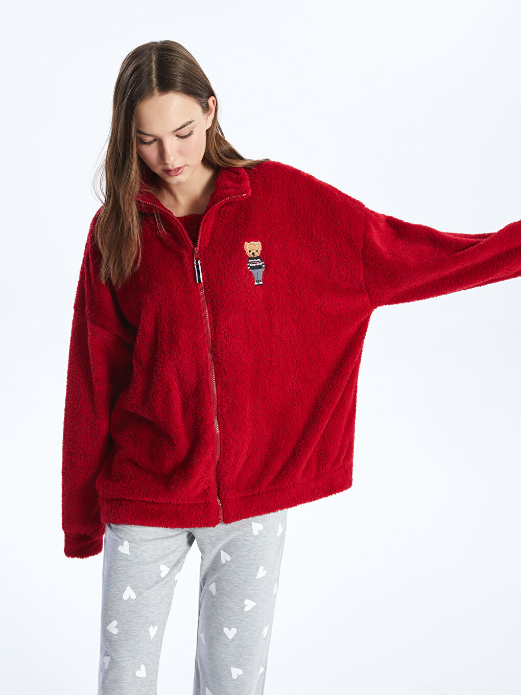 LCW HOME High Collar Embroidered Long Sleeve Zipper Sweatshirt -W3EE74Z8-HKD