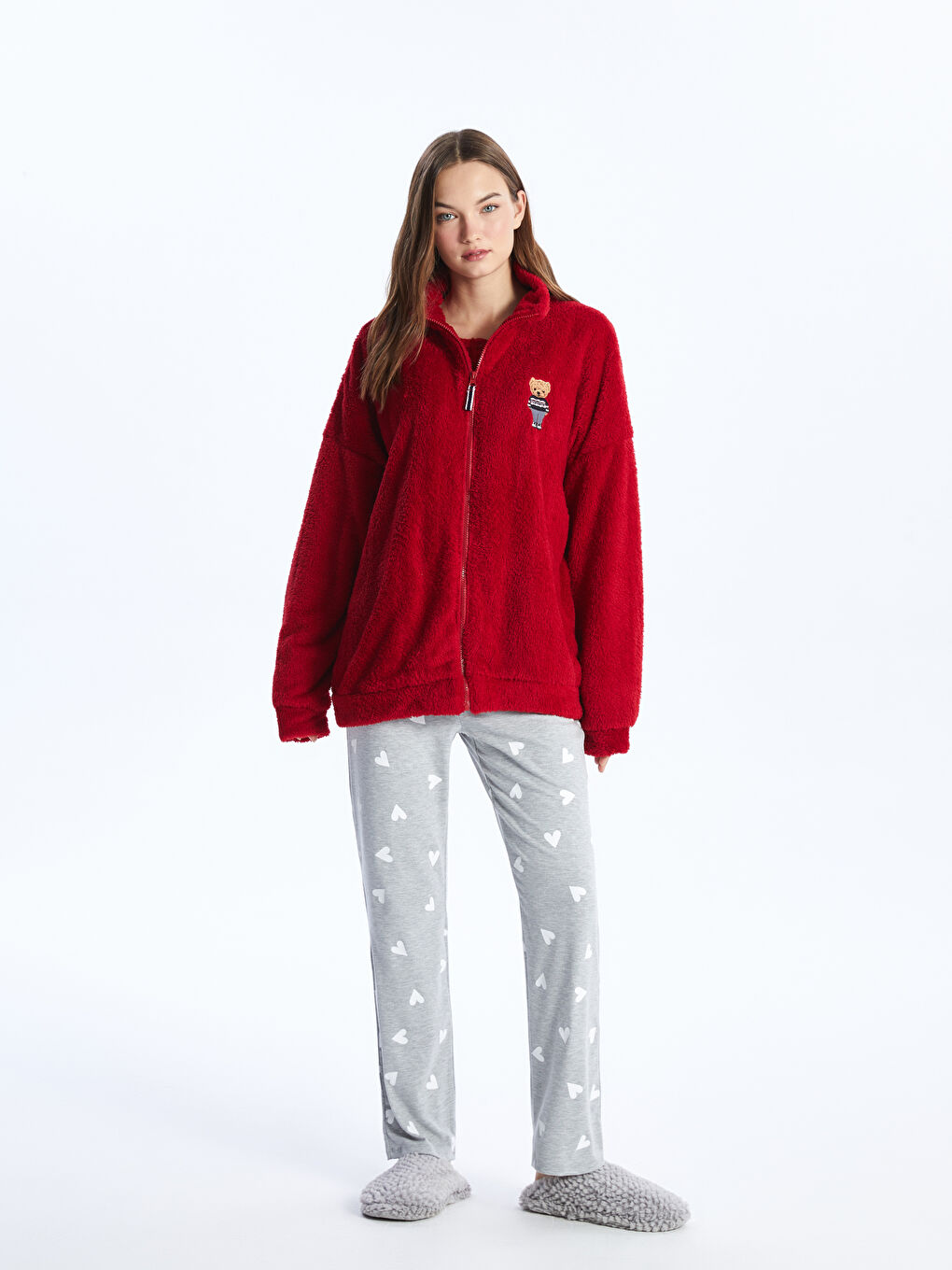 LCW HOME High Collar Embroidered Long Sleeve Zipper Sweatshirt -W3EE74Z8-HKD