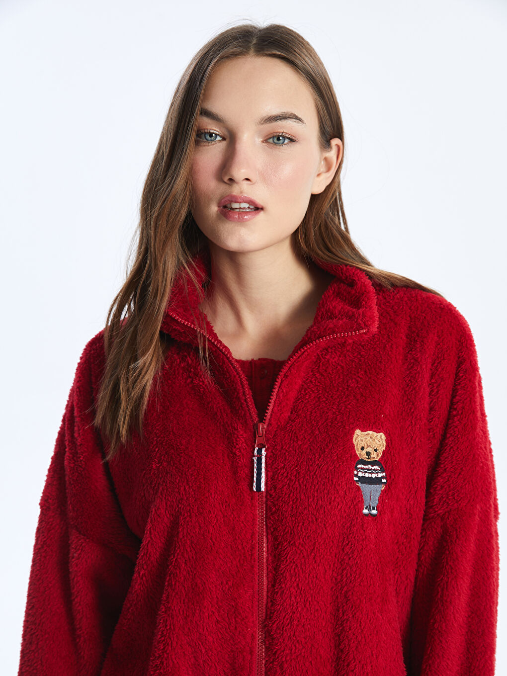LCW HOME High Collar Embroidered Long Sleeve Zipper Sweatshirt -W3EE74Z8-HKD